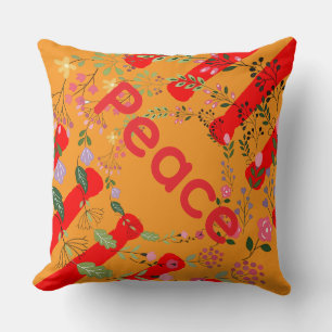 Red Orange Floral Peace Throw Pillow