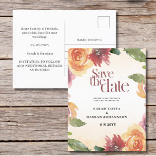 Red Orange Floral Wedding Save the date Postcard
