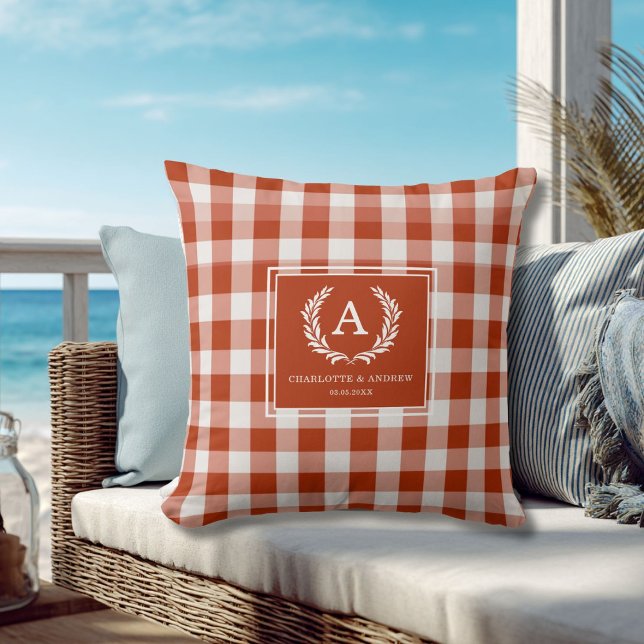 Red-Orange Gingham Monogram Crest Cushion (Brown Gingham Monogram Crest Throw Pillow)