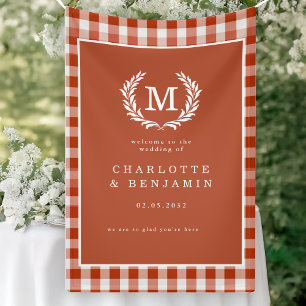 Red-Orange Gingham Monogram Crest Wedding Welcome Banner