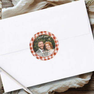 Red-Orange Gingham Thank you Photo Classic Round Sticker