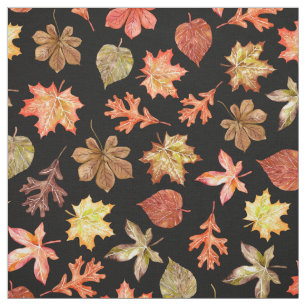 red orange gold autumn leaves pattern on black fabric