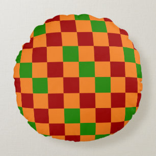 Red Orange Green Checkered Pattern Design Round Cushion