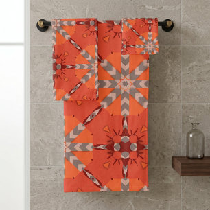 Red Orange Grey Ethnic Bohemian Folk Art Pattern Bath Towel Set