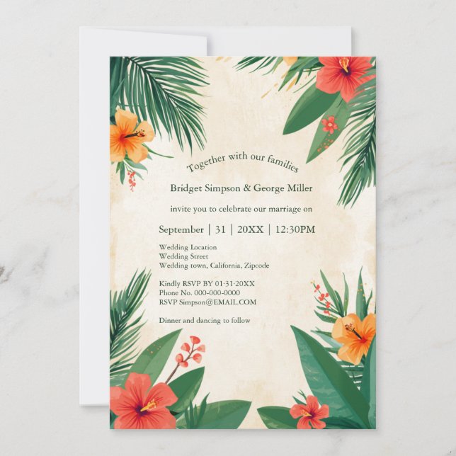 Red Orange Hawaii Hibiscus Tropical Wedding  Invitation (Front)