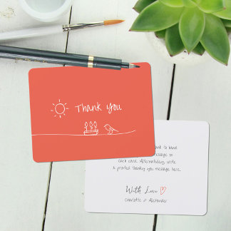 Red Orange Minimalist Flowers Bird Sun Drawing Thank You Card