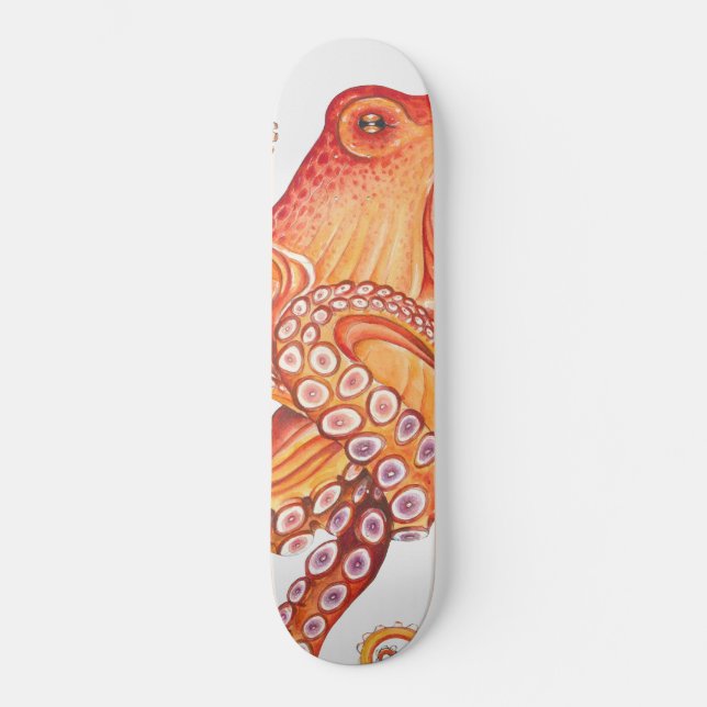 Red Orange octopus Watercolor Art Skateboard (Front)
