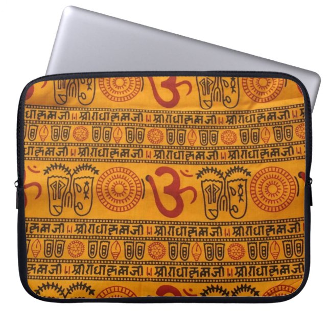 Red Orange Om Indian Religious Pattern Laptop Sleeve (Front)