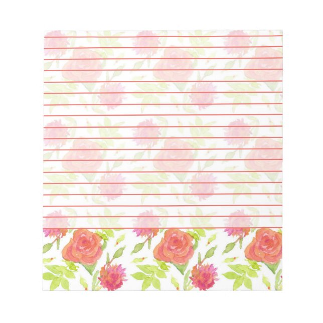 Red Orange Painted Roses Watercolor Flowers Lined Notepad (Front)