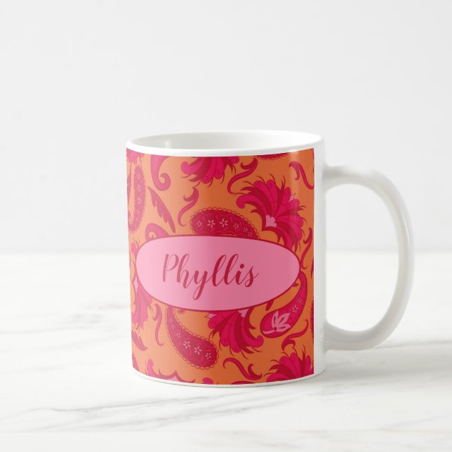 Red & Orange Personalised Paisley Coffee Tea Mug (Right)