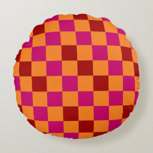 Red Orange Pink Checkered Pattern Design Round Cushion