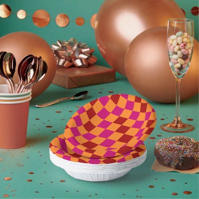 Red Orange Pink Chequered Pattern Design  Paper Plate (Multi)