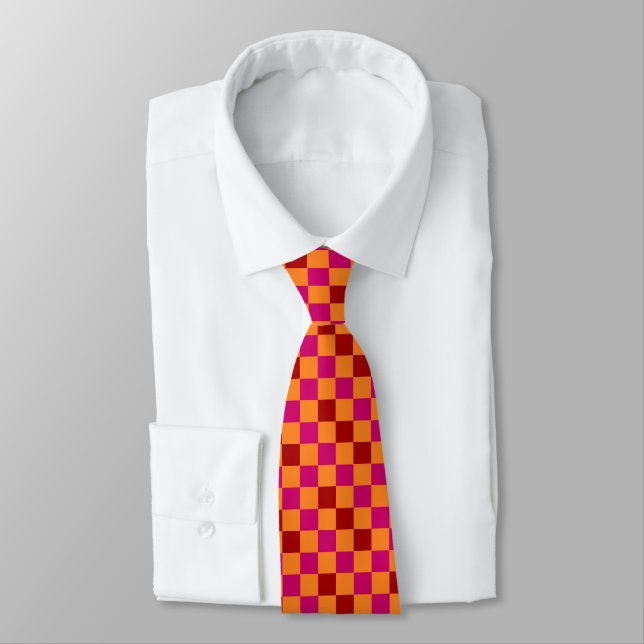 Red Orange Pink Chequered Pattern Design  Tie (Tied)