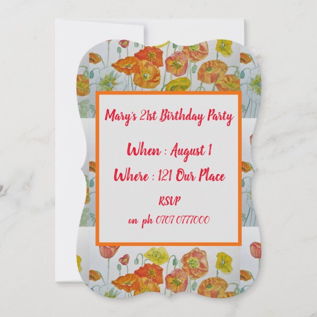Red Orange Poppies Floral 21st Birthday Invitation (Front)