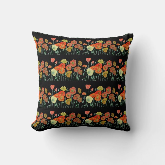 Red Orange Poppy floral Flower art Poppies Cushion (Front)