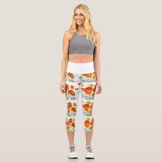 Red Orange Poppy Flower Watercolor Poppies Capri Leggings