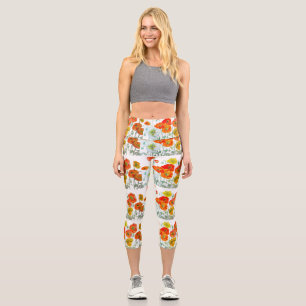 Red Orange Poppy Flower Watercolor Poppies Capri Leggings