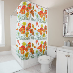 Red Orange Poppy Flower Watercolor Poppies Shower Curtain