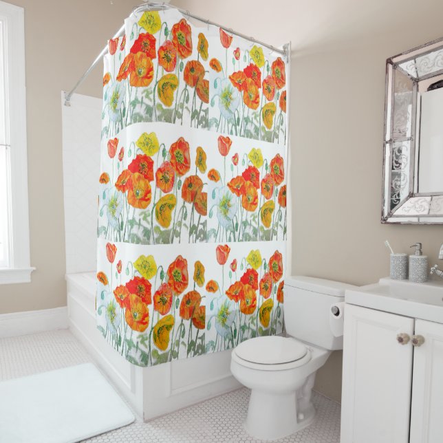 Red Orange Poppy Flower Watercolor Poppies Shower Curtain (In Situ)
