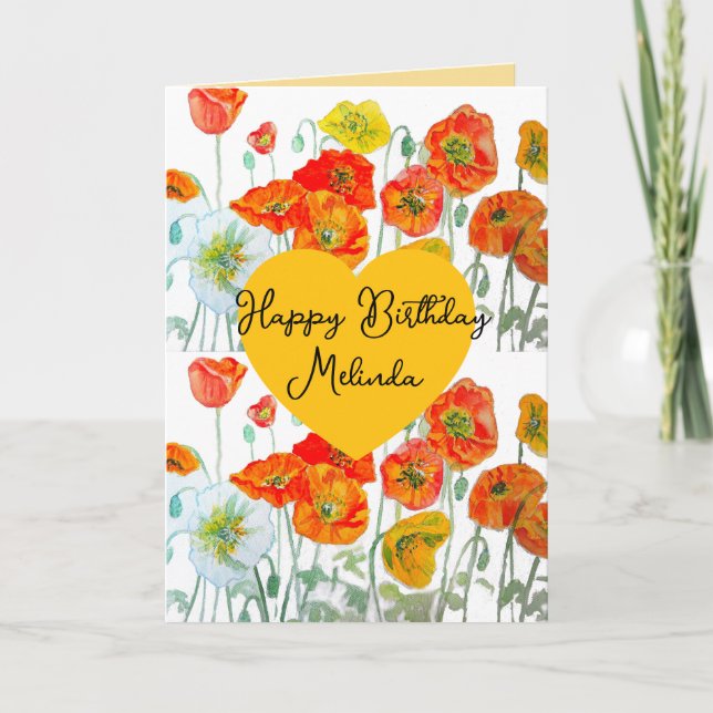 Red Orange Poppy Flower Watercolor Womans Name Card (Front)