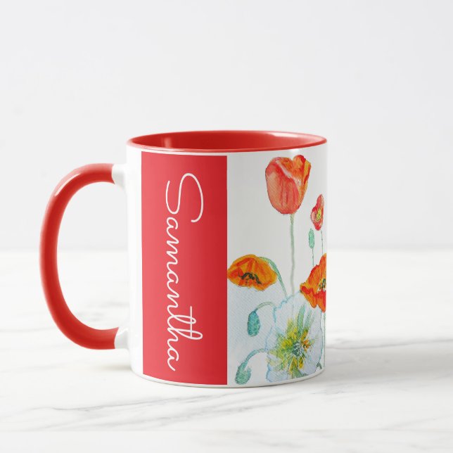 Red Orange Poppy Flower Watercolor Womans Name Mug (Left)