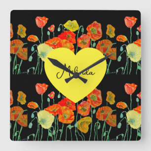 Red Orange Poppy Flower Watercolor Womans Name Square Wall Clock