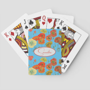 Red Orange Poppy Poppies floral Blue Girls Name Playing Cards