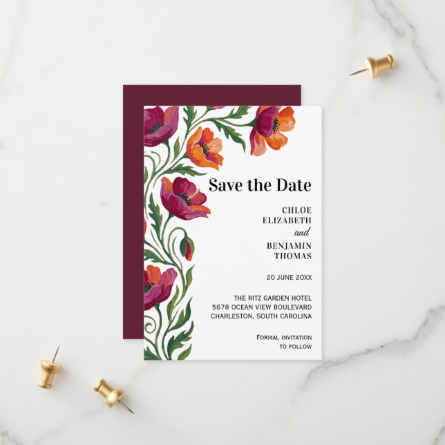 Red Orange Poppy Save the Date Card (Front/Back In Situ)