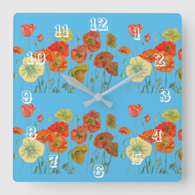 Red Orange Poppy Watercolor Pastel Blue Clock (Front)