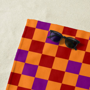 Red Orange Purple Chequered Pattern Design Beach Towel
