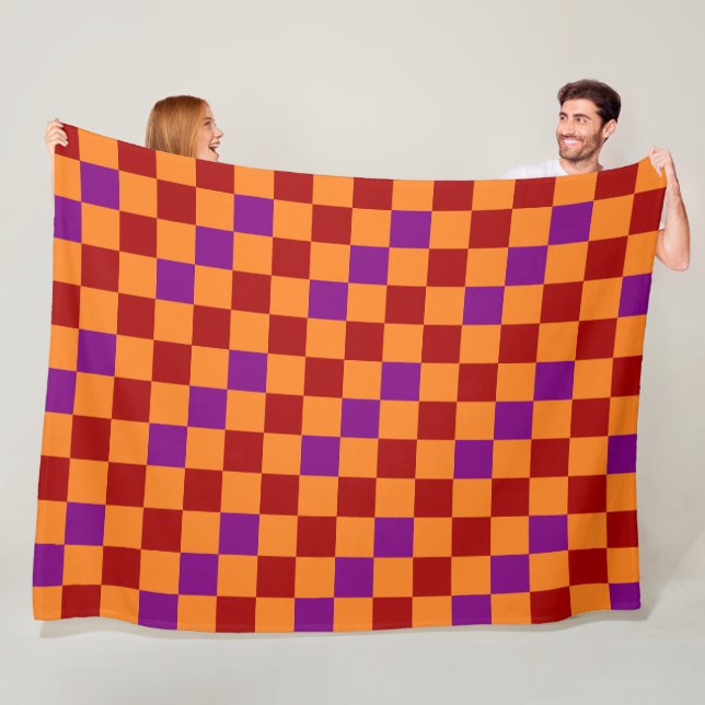 Red Orange Purple Chequered Pattern Design  Fleece Blanket (In Situ)
