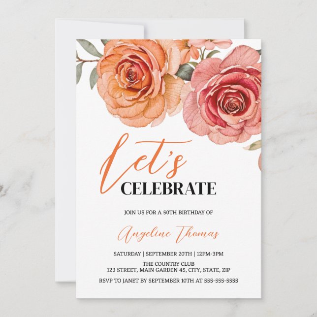 Red Orange Rose Floral Botanical Birthday Invitation (Front)