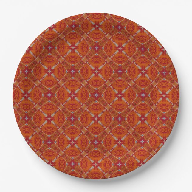 Red, Orange Spanish Diamond Tiled Pattern Paper Plate (Front)
