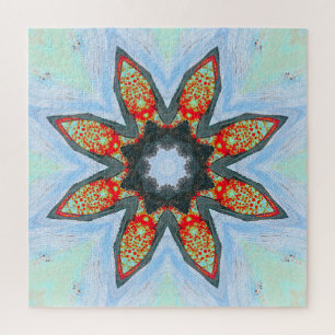 Red Orange Star Flower on Blue Puzzle