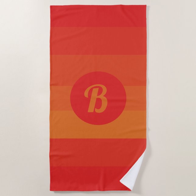 Red Orange Stripes Custom Monogram Striped Pattern Beach Towel (Front)
