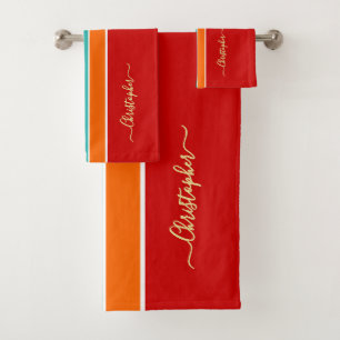 Red Orange Teal Racing Stripes Faux Gold Monogram Bath Towel Set