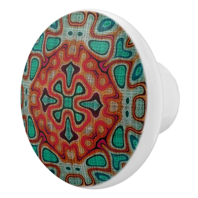 Red Orange Turquoise Blue Green Ethnic Tribe Art Ceramic Knob (Right)
