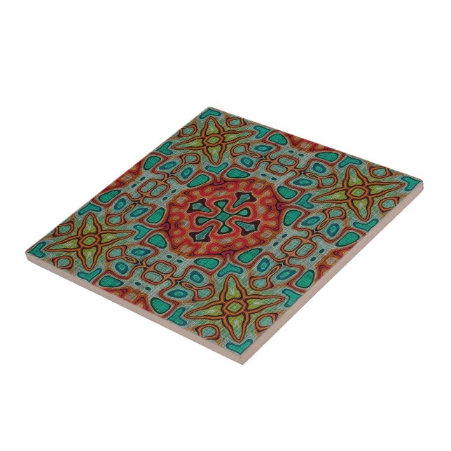Red Orange Turquoise Blue Green Ethnic Tribe Art Tile (Side)