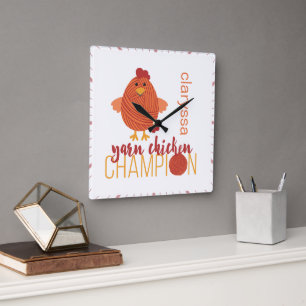 Red & Orange Yarn Chicken Champion Square Wall Clock