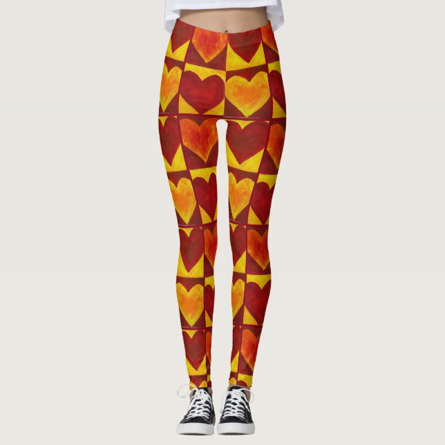 Red Orange Yellow Abstract Heart Hearts Art Print Leggings (Front)