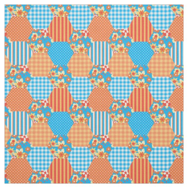 Red Orange Yellow Blue Faux Patchwork Pattern Fabric (Swatch)
