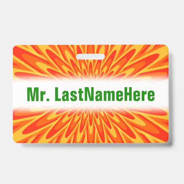 Red, Orange, Yellow Bursting Pattern + Custom Name ID Badge (Front)