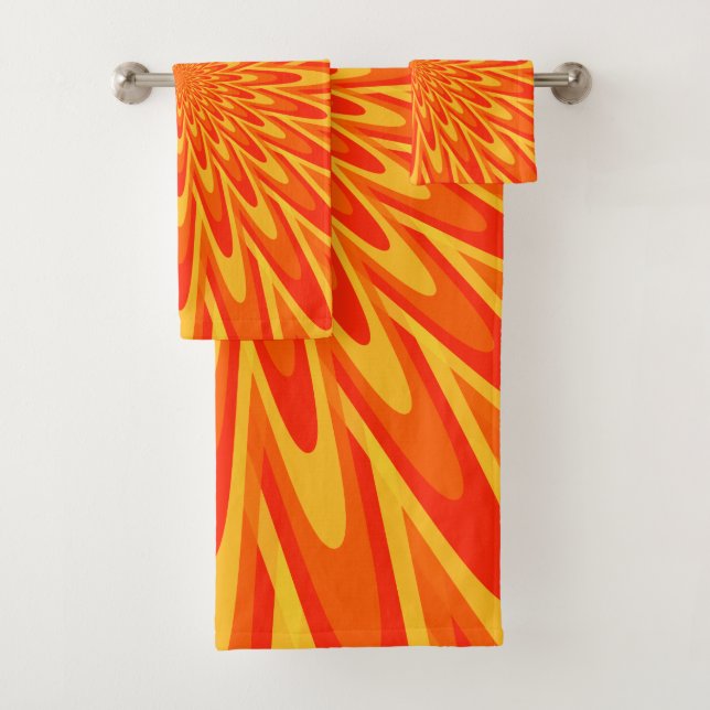Red, Orange, Yellow Bursting Pattern Towel Set (Insitu)