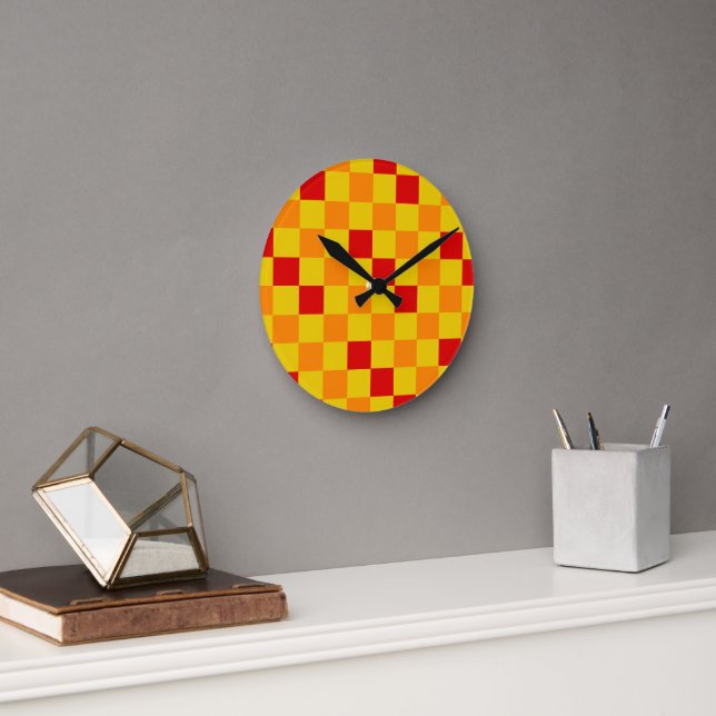 Red Orange Yellow Checkered Pattern Design  Round Clock (Office)