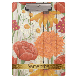 Red Orange Yellow Floral Rustic Wood with Gold Clipboard