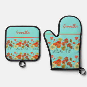 Red Orange Yellow Poppies Flower floral art Aqua Oven Mitt & Pot Holder Set