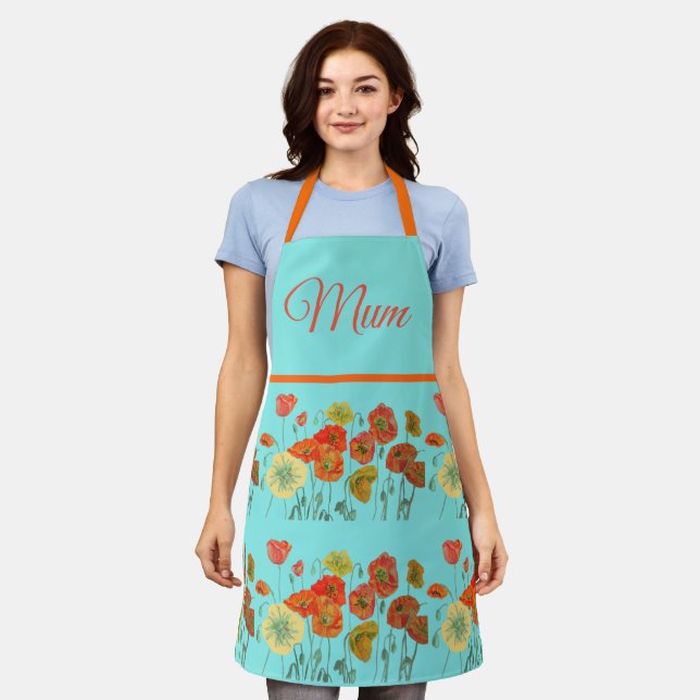 Red Orange Yellow Poppies Flower floral Mom Mother Apron (Worn)