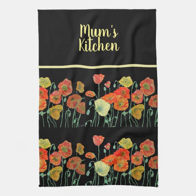 Red Orange Yellow Poppy Flowers Poppies Floral Art Tea Towel (Vertical)