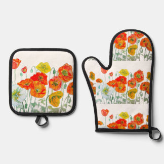 Red Orange Yellow Poppy Flowers Poppies Flower Oven Mitt & Pot Holder Set