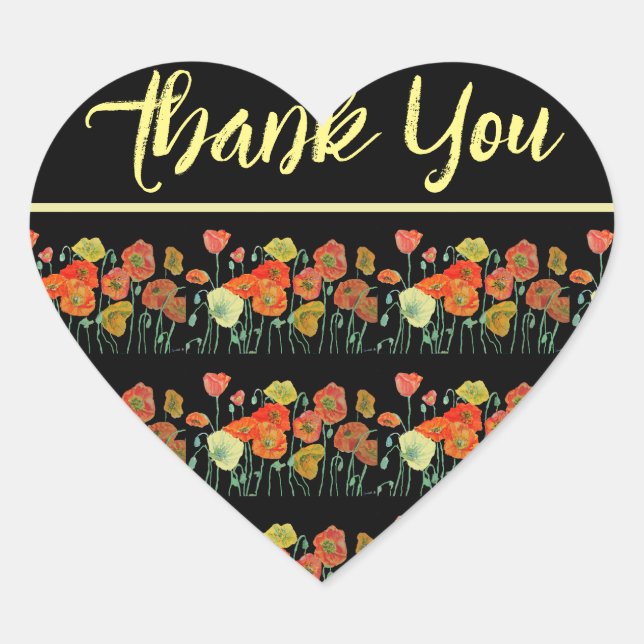 Red Orange Yellow Poppy Poppies Art Thank You Heart Sticker (Front)